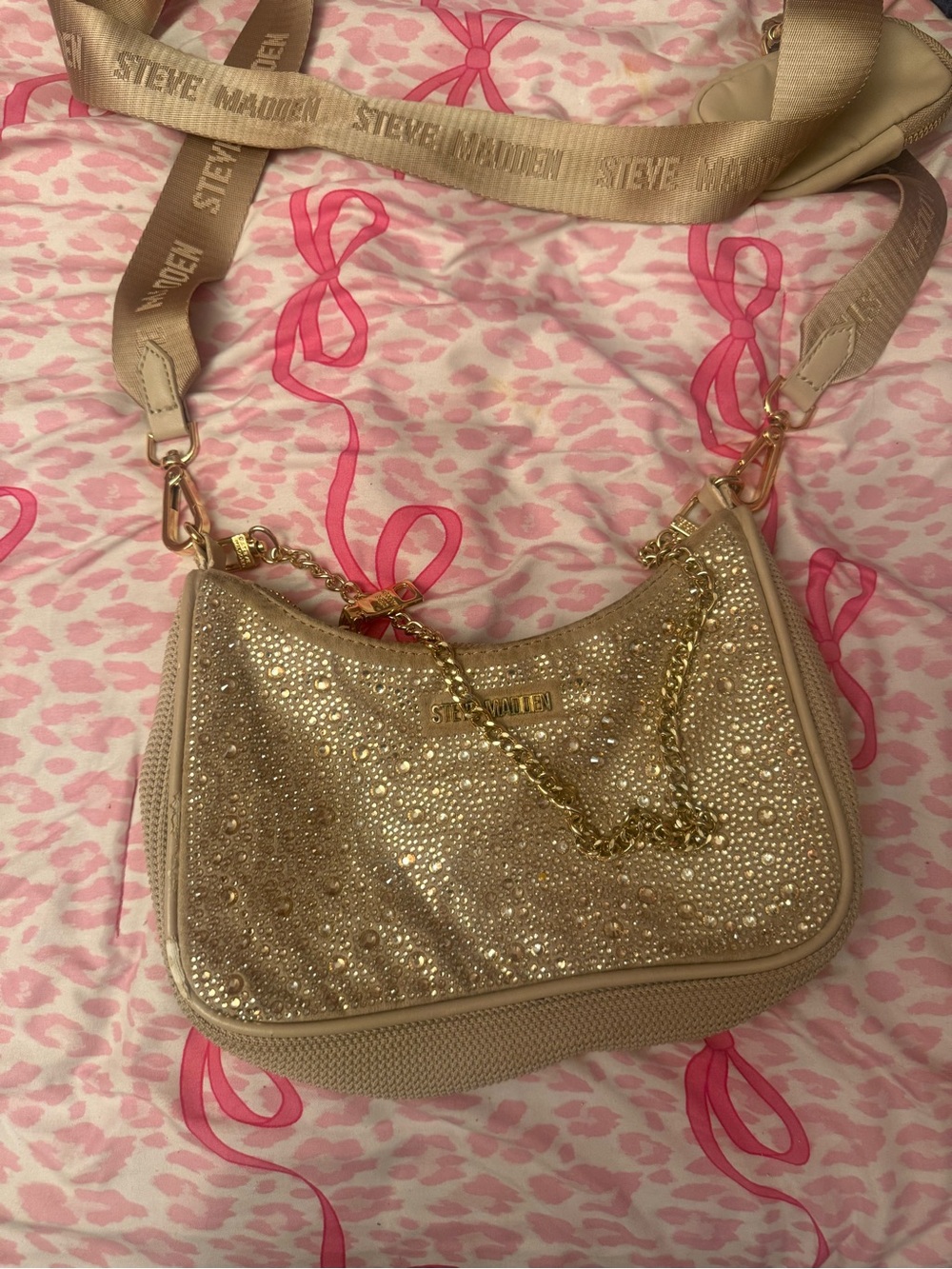 Steve Madden Gold Rhinestone and Beige Crossbody with Logo Strap